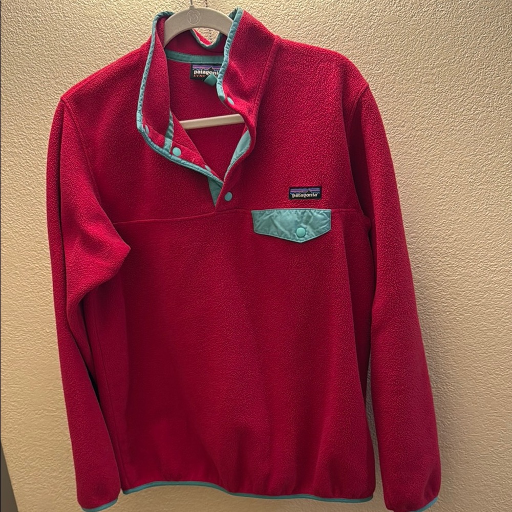 Patagonia Pink Synchilla Fleece Pullover with Teal Accents